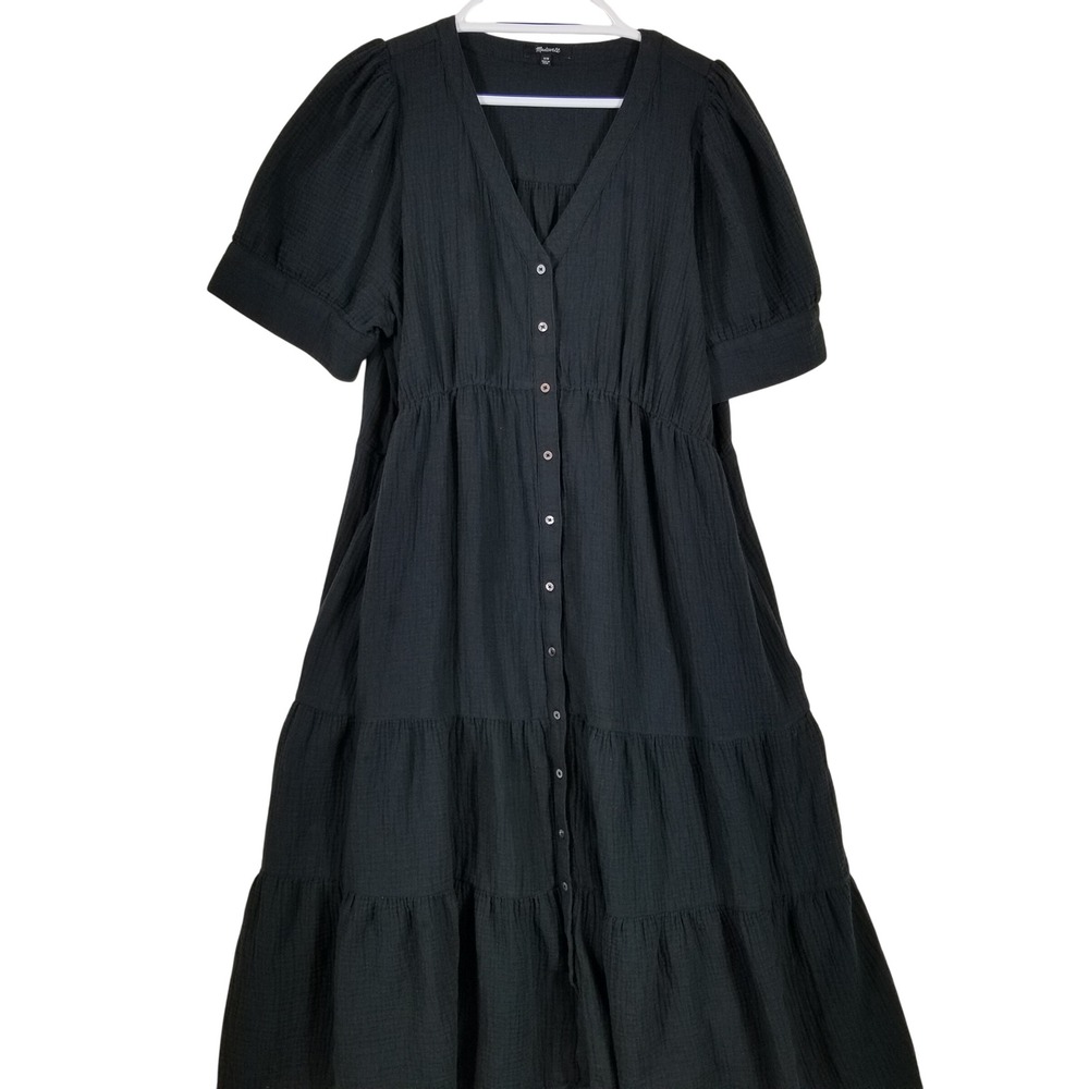 Black Button-Front Tiered Midi Dress